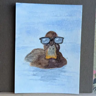 Summer Vibes ACEO Original Watercolor Floating Duck With Sunglasses aceo art card thumbnail 1