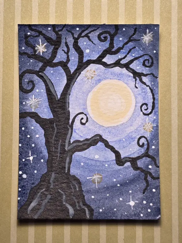 Whimsical Tree Under the Full Moon aceo art card