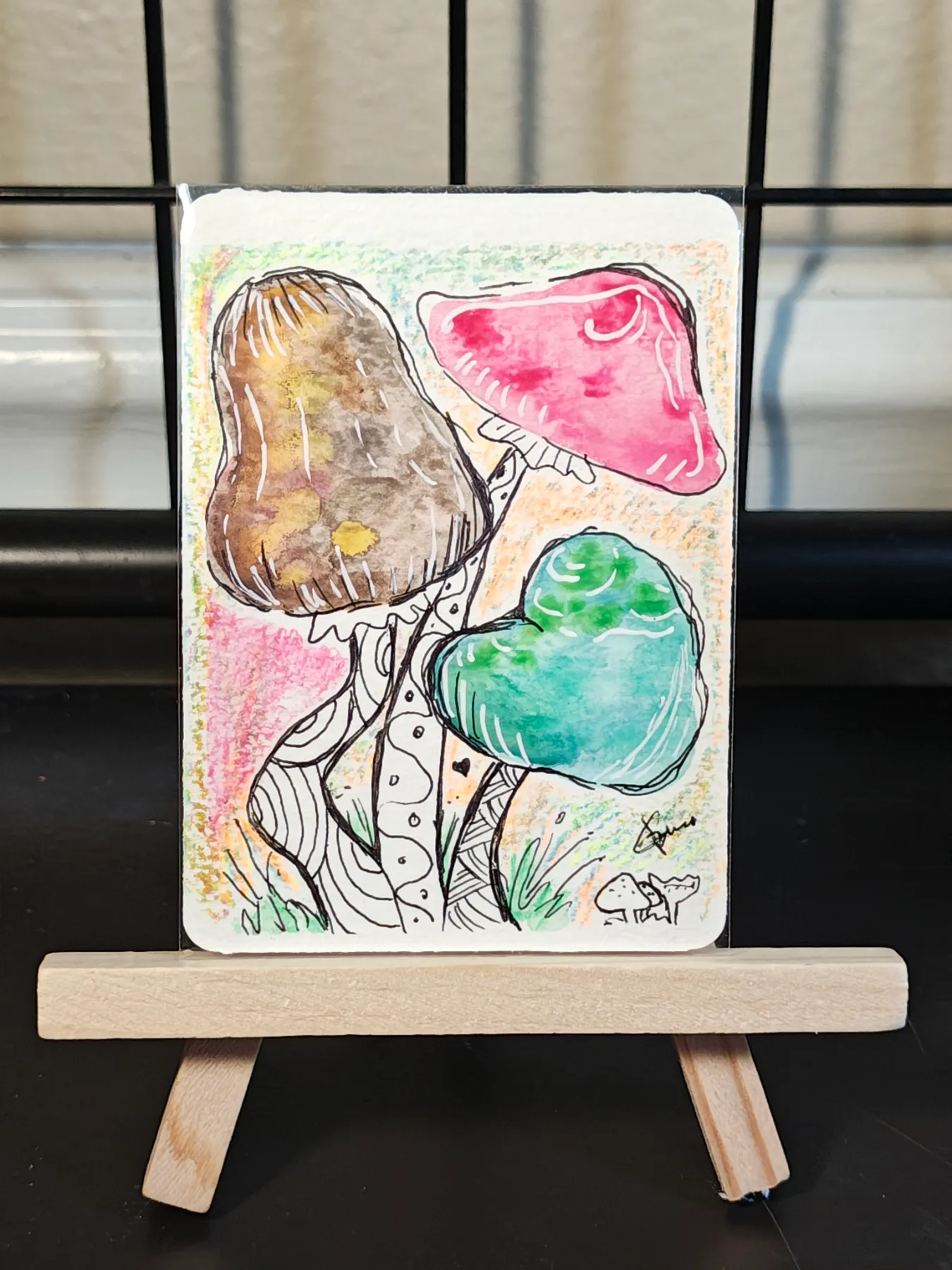 ACEO sassy mushrooms colorful trio by Jazmin aceo art card