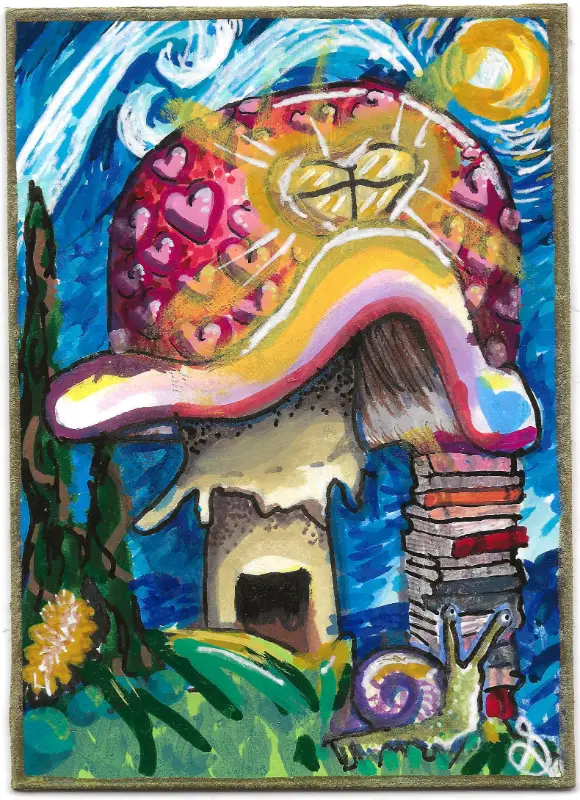 "Library Mushroom" | Snail House Under a Moonlit Sky aceo art card