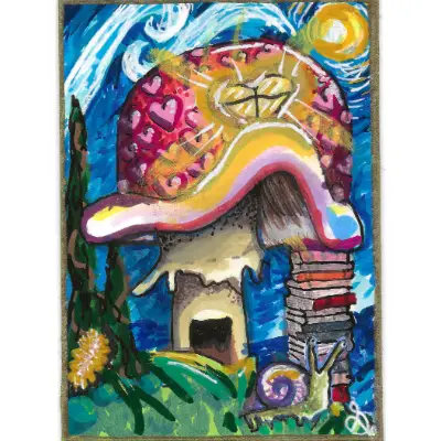 "Library Mushroom" | Snail House Under a Moonlit Sky aceo art card thumbnail 1