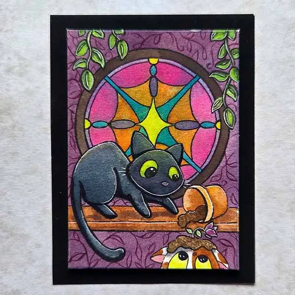 Stained Glass Window Feline Mischief aceo art card