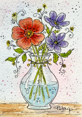 ACEO ORIGINAL Blooming Bouquet Flowers Watercolor/ Ink - Art by PHarp Watercolors aceo art card thumbnail 1