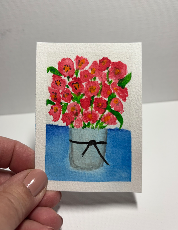ACEO Original Pink Flower Bouquet Art Watercolor Painting Mini Floral aceo art card