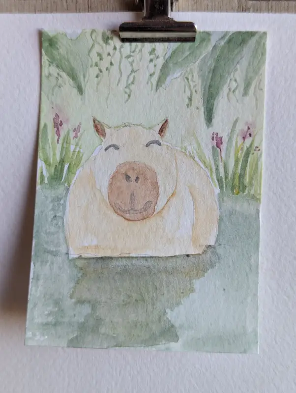 ACEO Original Watercolor Capybara in Water aceo art card