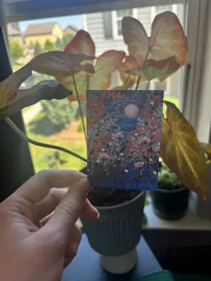 Dark Floral Moonlit Garden with Orange & Pink Flowers 2.5x3.5 in. SIGNED PRINT aceo art card thumbnail 2