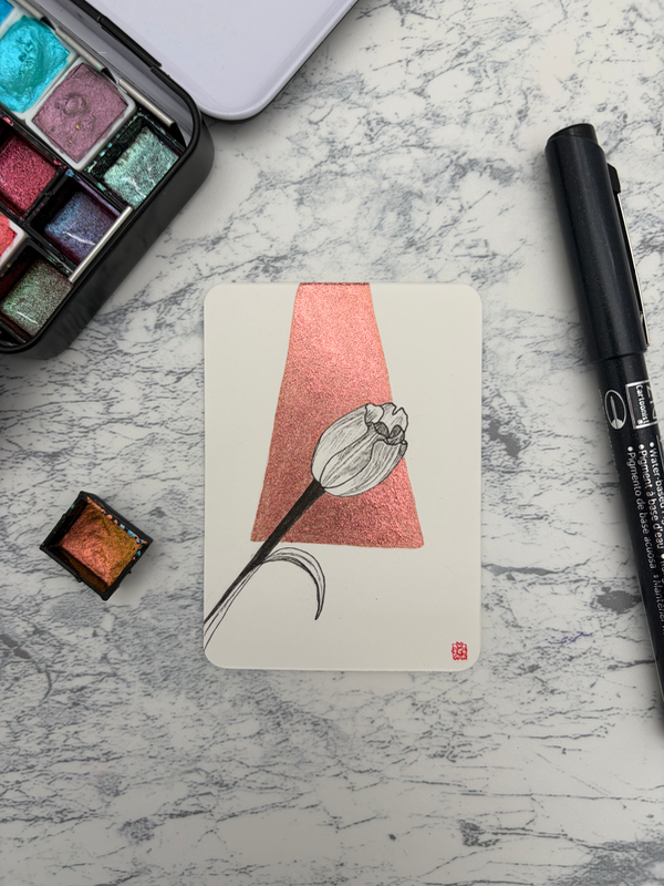 Tulip | flower floral botanical ink on metallic watercolor aceo art card
