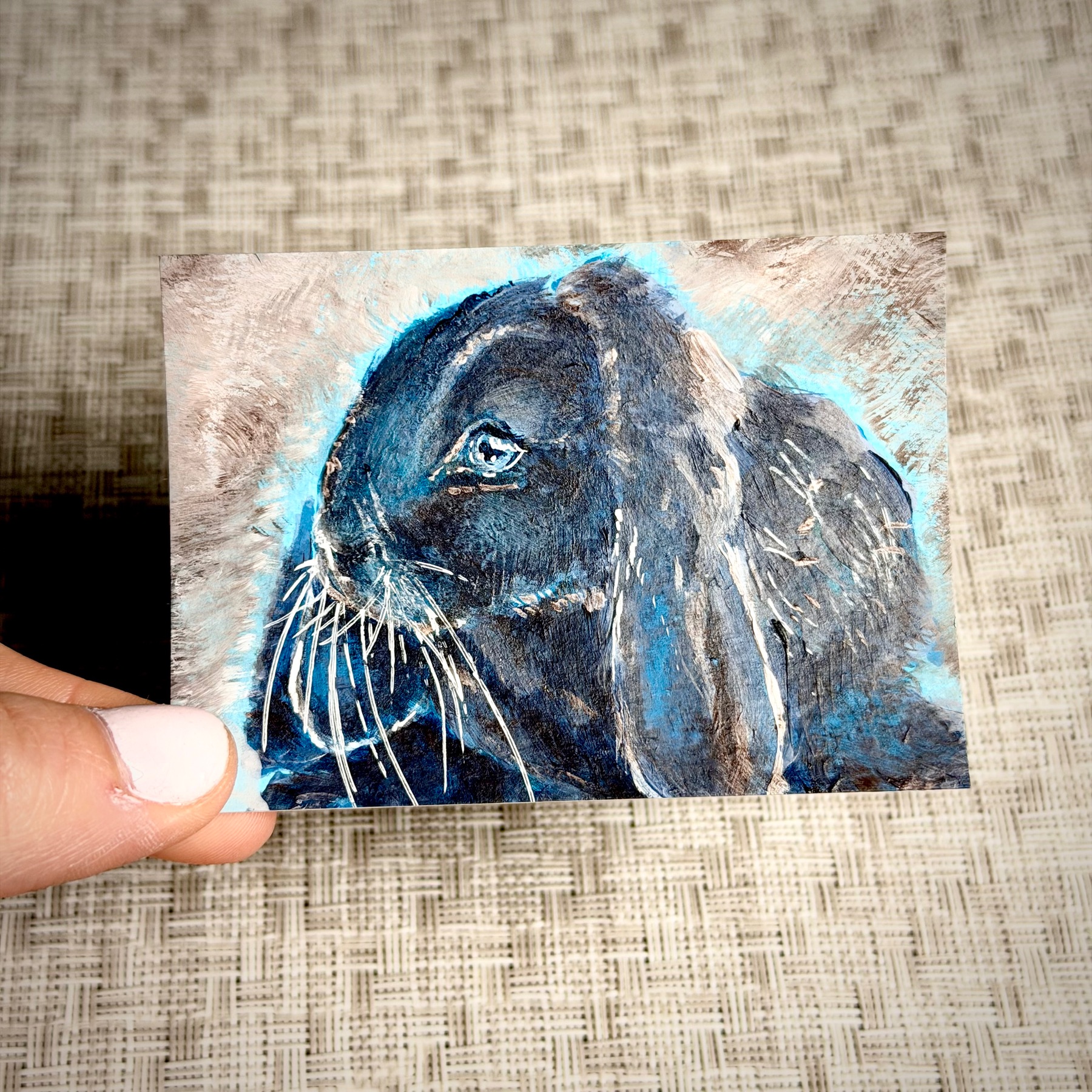 Floppy Bunny in Blue By Lizz. aceo art card