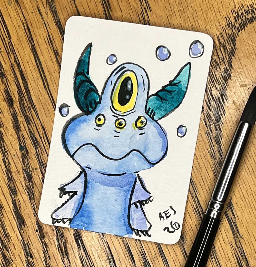 Blue Bubble Monster aceo art card