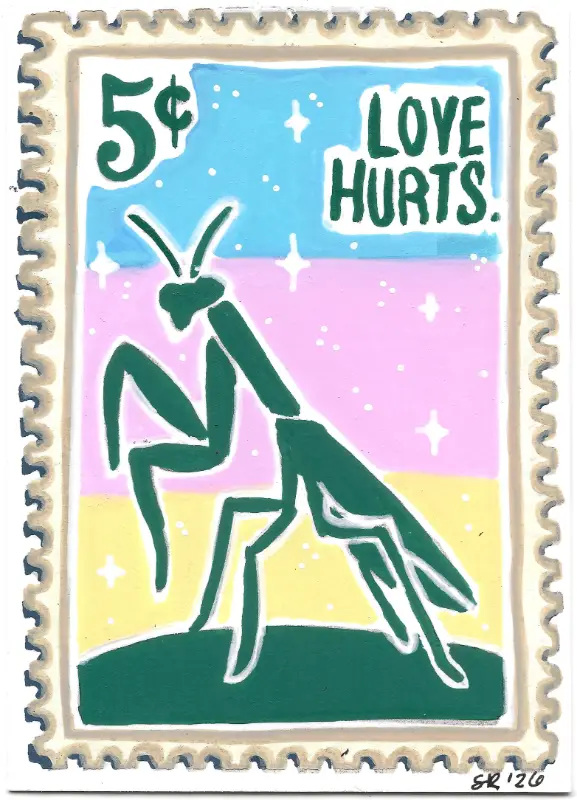 Praying Mantis "Love Hurts" | GIRL POWER Stamp Collection | Art with Sara Rose aceo art card