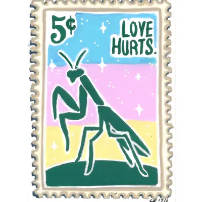 Praying Mantis "Love Hurts" | GIRL POWER Stamp Collection | Art with Sara Rose aceo art card thumbnail 1