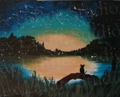 Sunset/Dusk over Lake Landscape Dog Sitting on Log 2.5x3.5 in. SIGNED PRINT aceo art card thumbnail 3