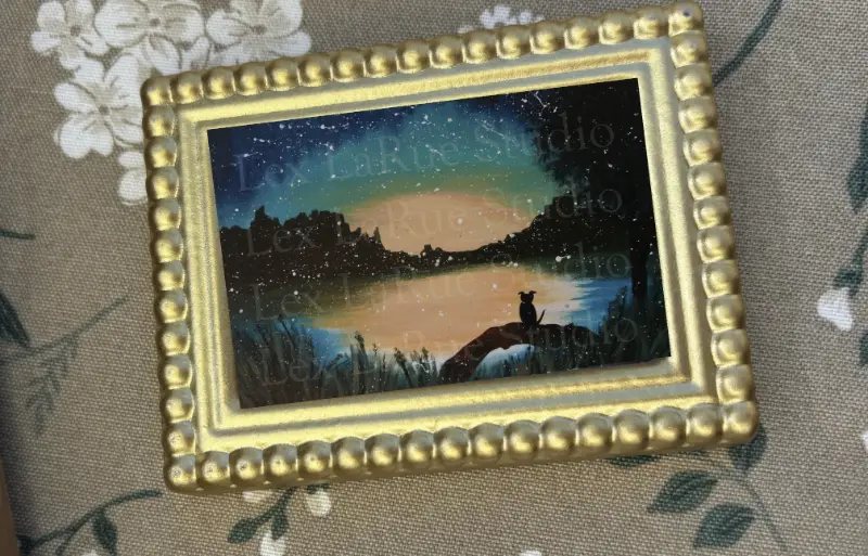 Sunset/Dusk over Lake Landscape Dog Sitting on Log 2.5x3.5 in. SIGNED PRINT aceo art card