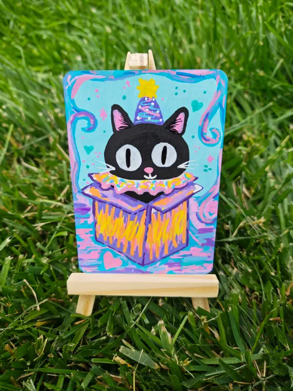 The Surprise Act | Original Clown Core ACEO | Black Cat in a Jack-in-the-Box | OOAK aceo art card