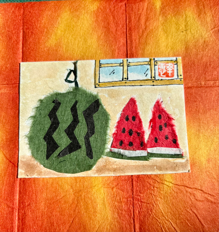 Japanese Washi art - watermelon (suika) aceo art card
