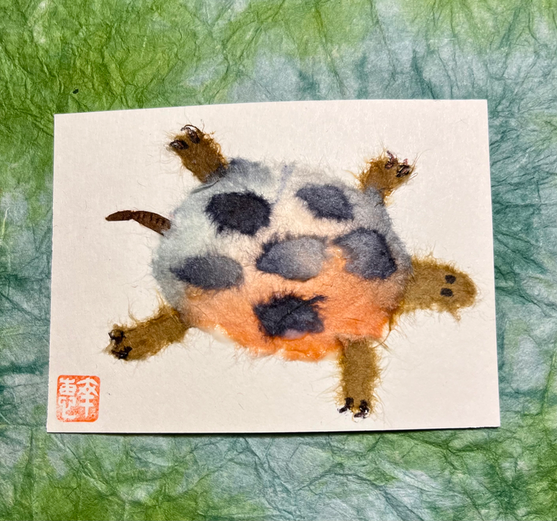 Japanese Washi art - turtle (Kame) #2 aceo art card