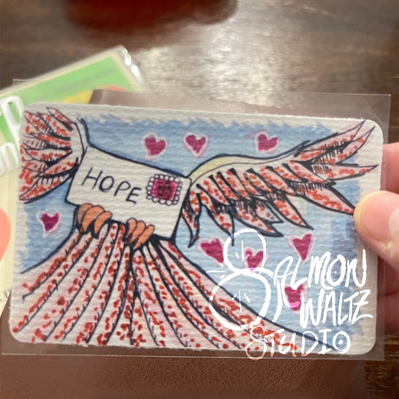 ACEO art Print Angel wings letter Red Dots glitter signed that.weird.art.chick aceo art card