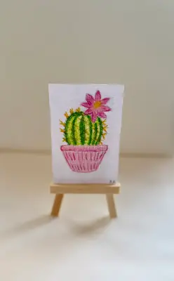 Blooming Cactus ACEO Original – Colored Pencil Mini Art – Cute Flowering Plant Illustration – OOAK A aceo art card thumbnail 2