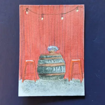 Red Wall and Barrel aceo art card thumbnail 1