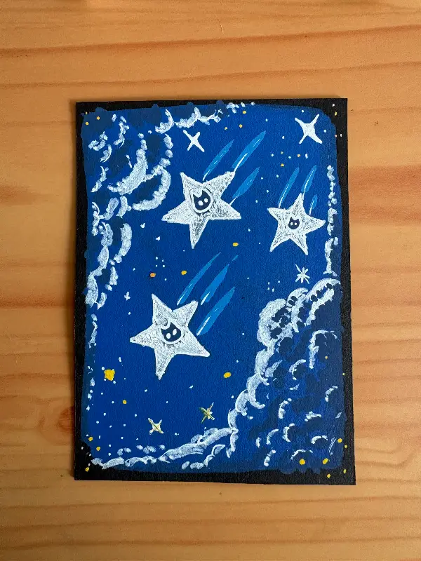Shooting stars and black cats - acrylic marker and white ink on black mixed media paper aceo art card
