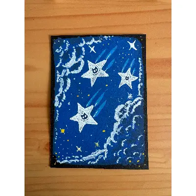 Shooting stars and black cats - acrylic marker and white ink on black mixed media paper aceo art card thumbnail 1