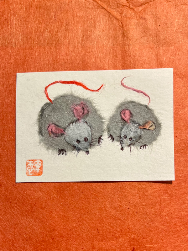 Mom & mini mice- Japanese Washi art aceo art card
