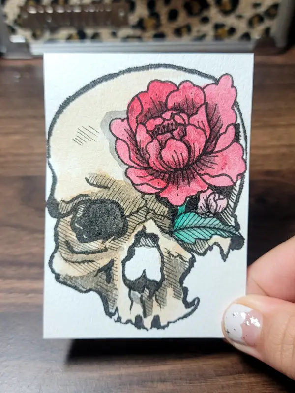 Skull with rose aceo art card