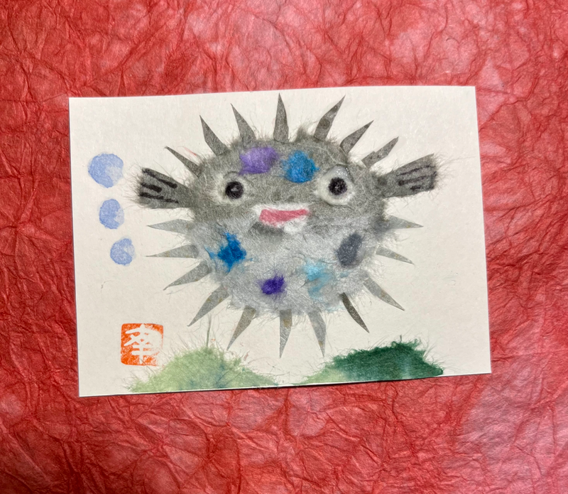Japanese Washi art - Puffy fish (fugu) aceo art card