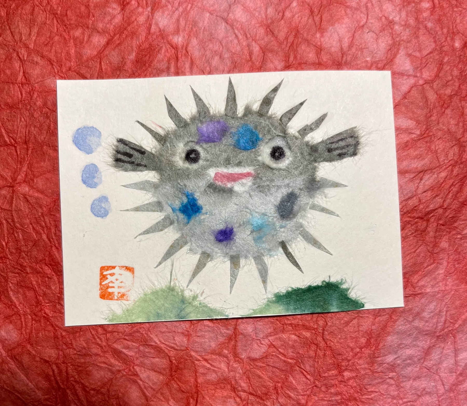 Japanese Washi art - Puffy fish (fugu) aceo art card