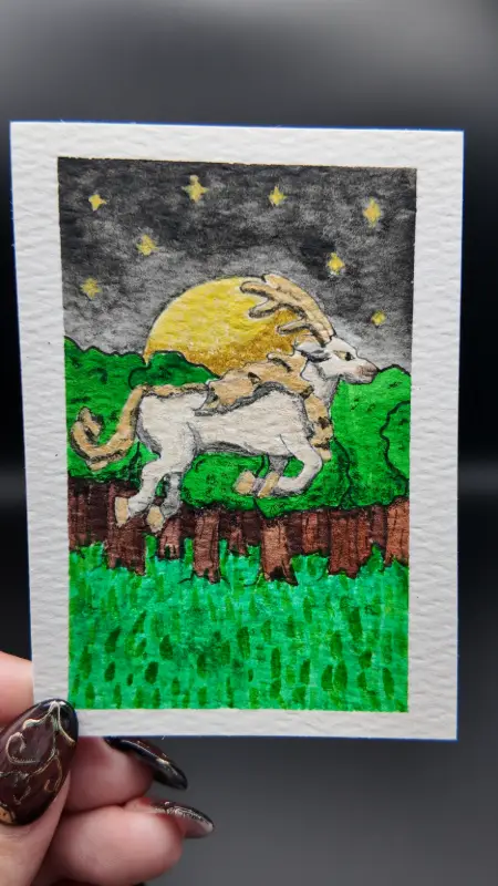 "Night Sovereign"  Original ACEO — Watercolor & Archival Ink with Metallic Watercolor Detail aceo art card
