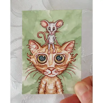 Original ACEO: Scrappy Orange Cat Cartoon with Mischievous Mouse (display easel not included) aceo art card thumbnail 2