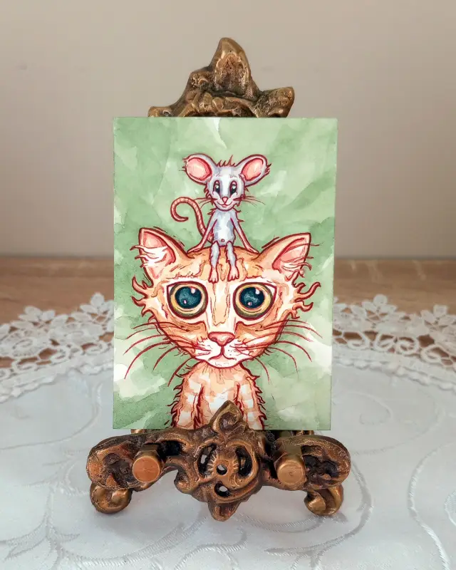 Original ACEO: Scrappy Orange Cat Cartoon with Mischievous Mouse (display easel not included) aceo art card