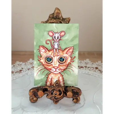 Original ACEO: Scrappy Orange Cat Cartoon with Mischievous Mouse (display easel not included) aceo art card thumbnail 1