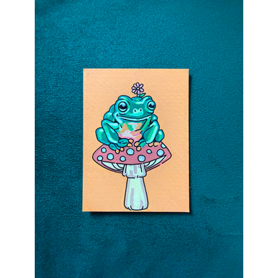 Sweet Frog on Mushroom aceo art card thumbnail 1