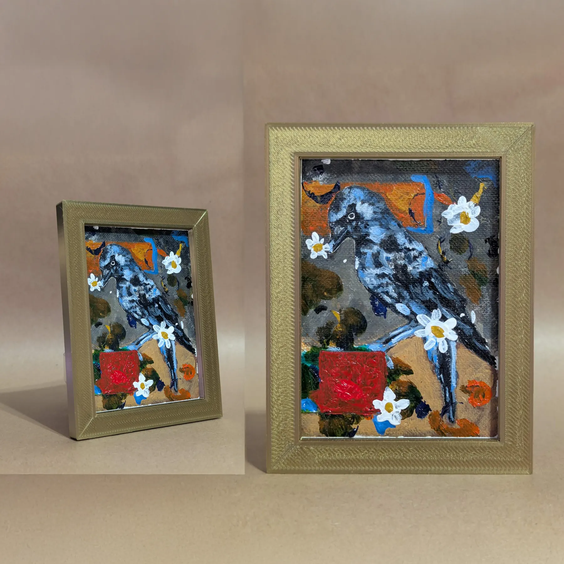 Blue Crow ACEO – Original Acrylic Mini Painting – Framed aceo art card