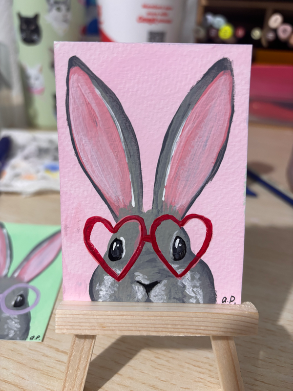 Bunny with Heart Glasses aceo art card