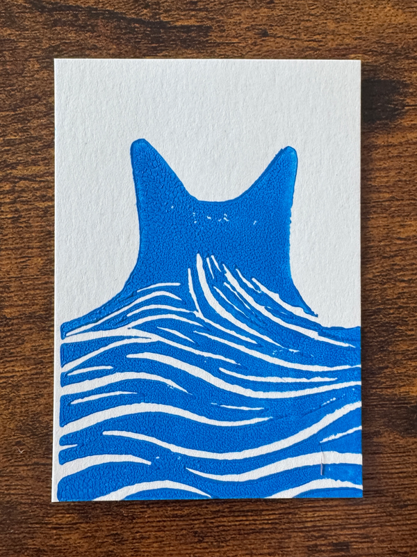 Blue Cat Wave Art #1 - Hand-Carved Block Print aceo art card