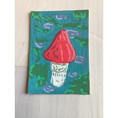 Red mushroom on a wall! aceo art card thumbnail 1