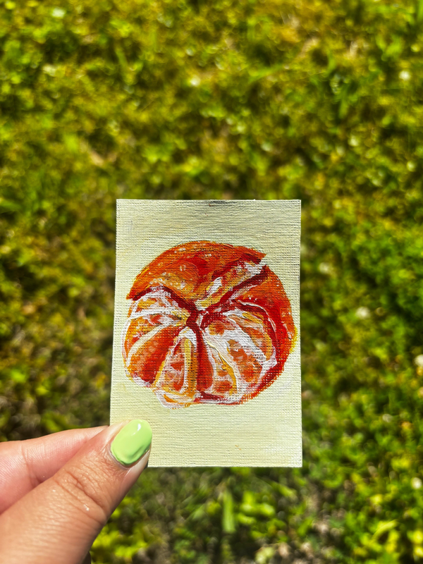 “What’s Inside” Orange Fruit Acrylic Painting aceo art card