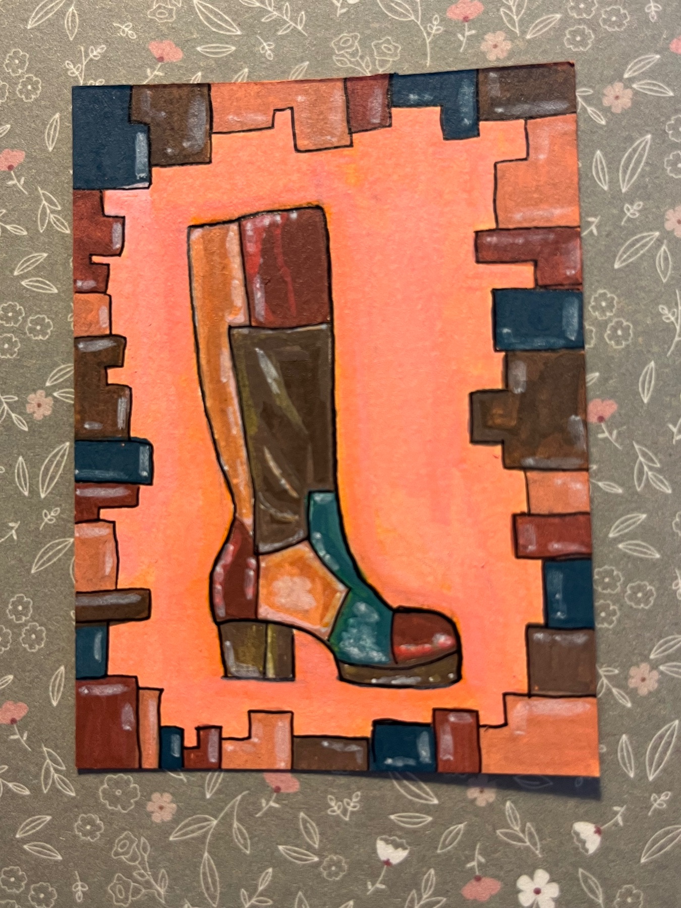 ACEO | Acrylic Patchwork Boot ACEO 2.5 X 3.5 Original Painting - Abby Gendron aceo art card