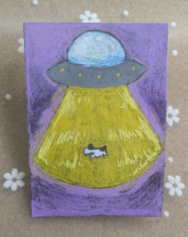 Cow being Abducted aceo art card