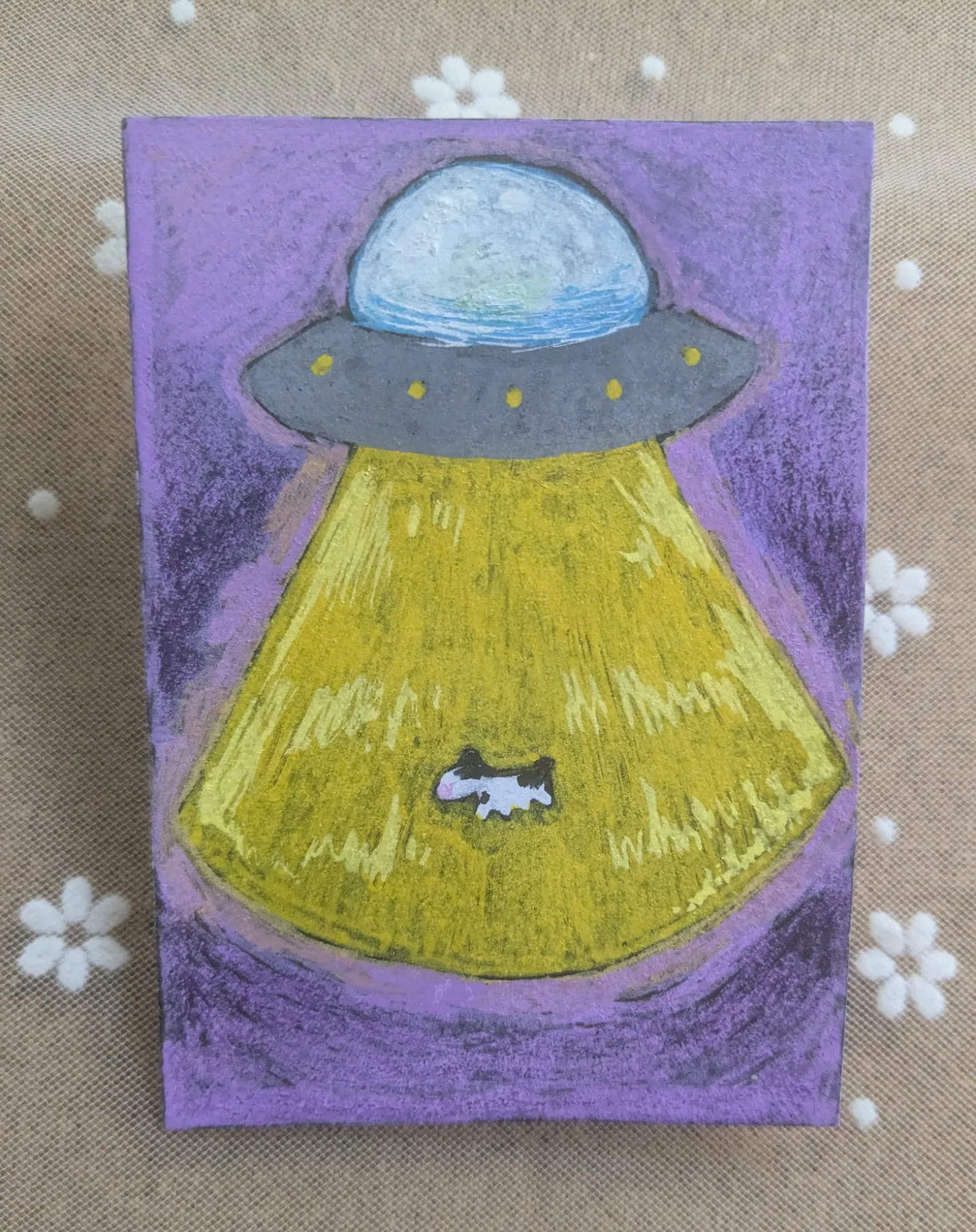 Cow being Abducted aceo art card