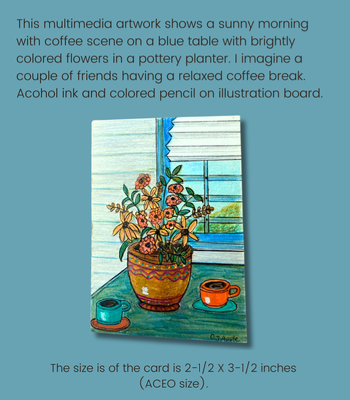 Coffee and Flowers ACEO - Alcohol Ink & Colored Pencil on Illustration Board aceo art card thumbnail 2