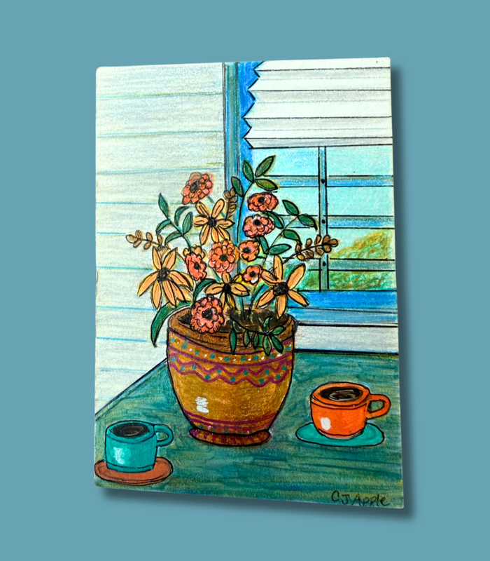 Coffee and Flowers ACEO - Alcohol Ink & Colored Pencil on Illustration Board aceo art card