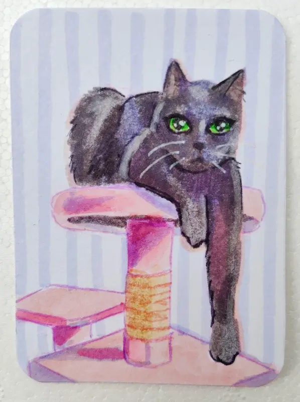 Black Cat on Cat tree ACEO aceo art card