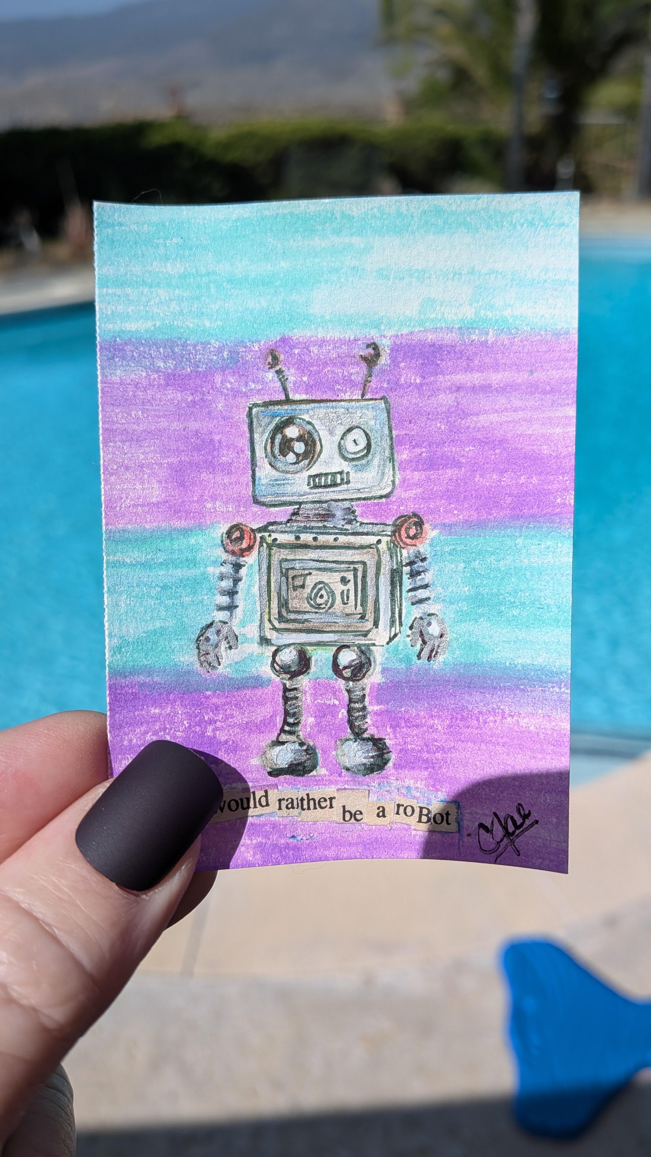 I'd Rather Be a Robot Whimsical Robot Original ACEO aceo art card thumbnail 1