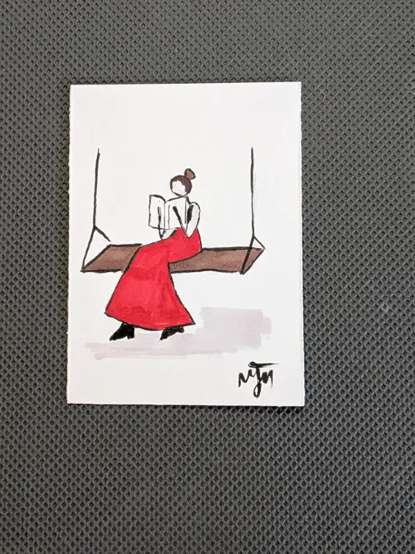 Girl in Red - Reading on Swing aceo art card