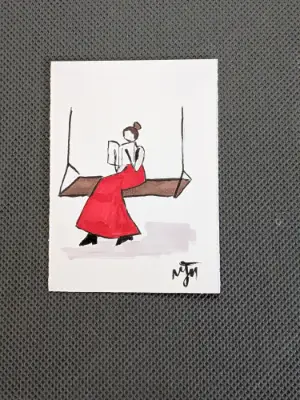 Girl in Red - Reading on Swing aceo art card thumbnail 1