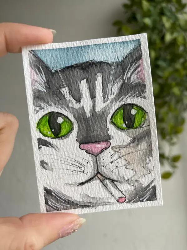 Need a Break - Cat With a Cigarette aceo art card