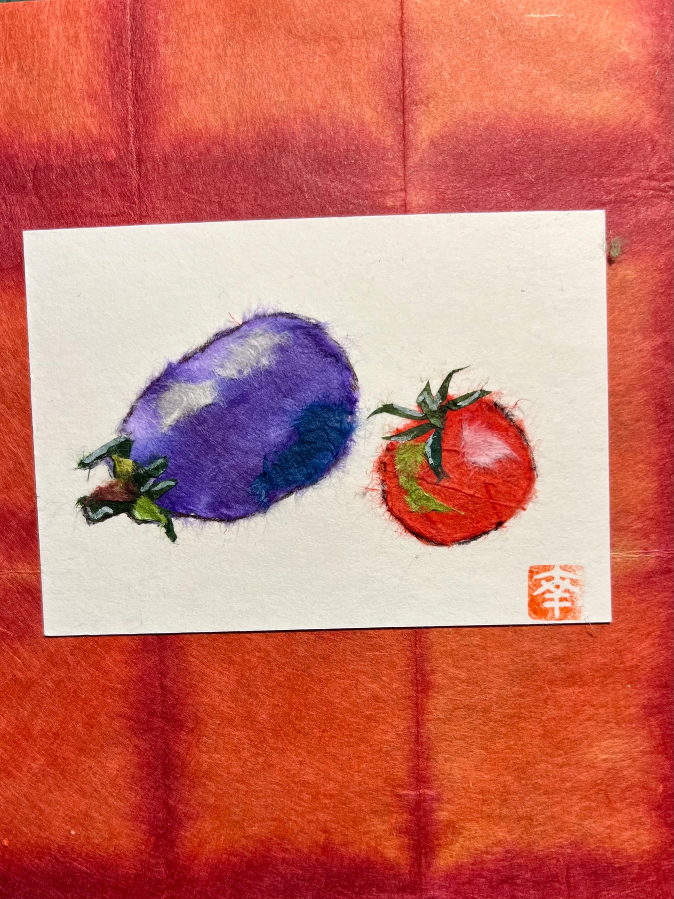 Japanese Washi art- eggplant & tomato aceo art card